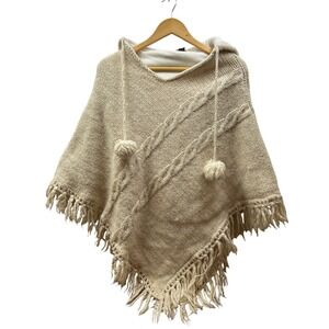 Himalaya Wool Hooded Poncho Women Cream Fringe Lined Heavy Warm Nepal Boho Style